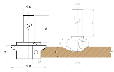GTF.0044.10 Zestaw głowic profilowych GTF 65/20x25 z=2.1. HM Prawy Front meblowy profil 4.1, głowica do zestawu profil 4
