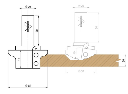 GTF.0014.10 Głowica profilowa GTF 65/20x30 z=2.1. HM Prawa Front meblowy profil 1.1, głowica do zestawu profil 1